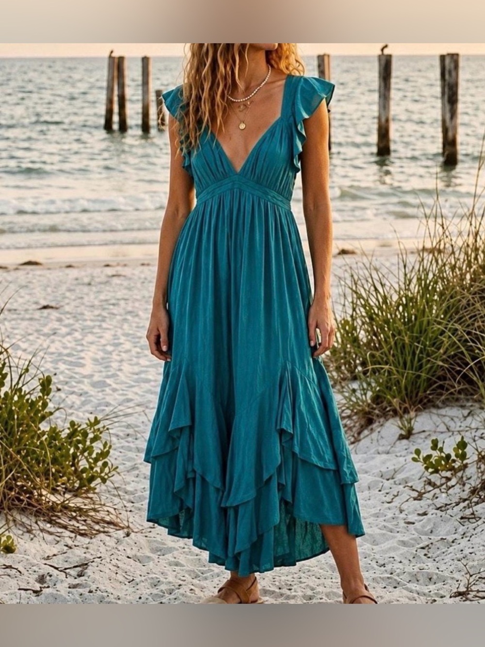 NWT Free People Free-est Aquamarine Ruffle Open Back Teal Beach Maxi Size Small